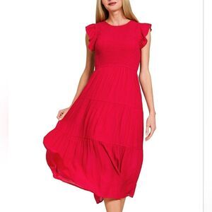 Zenana Women's Casual Woven Smocked Ruffle Sleeve Midi Dress in Orange-y Red Md